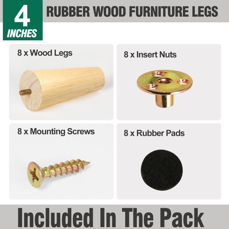 FoDau770 Rubber Wood Furniture Legs 4 Inches, Straight Tapered Wood Legs Mid Century Sofa Legs Set of 8, 5/16"" UNC Furniture Feet Replacement Legs for Cabinet Sofa Couch Dresser Chair Ottoman Table - Image 2